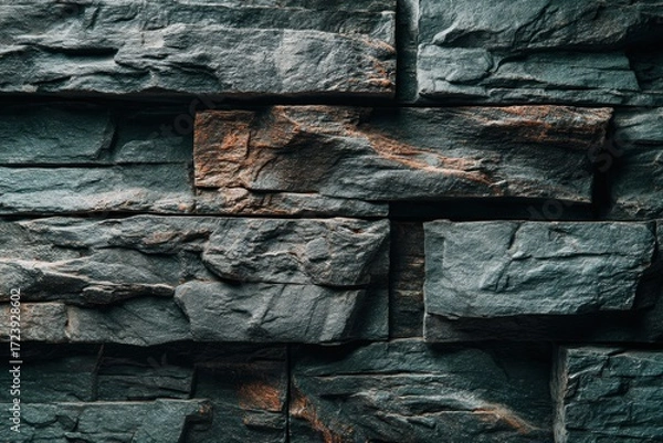 Fototapeta Rough, textured stone bricks stacked in a wall, featuring dark gray hues with subtle hints of brown and orange accents