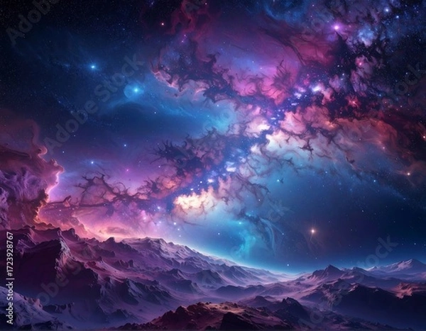 Obraz Cosmic landscape, vibrant nebulae, frosted mountains