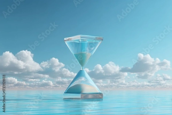 Fototapeta A glass hourglass stands on calm water under a blue sky with fluffy white clouds, symbolizing the passage of time and tranquility