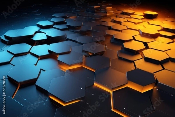 Fototapeta Futuristic hexagonal tiles with glowing blue and orange lights create a dynamic, high-tech abstract surface