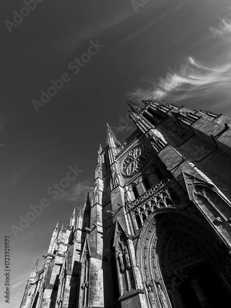 Fototapeta Cathedrale Saint Andrew stands tall against a dramatic sky in Bordeaux, highlighting its intricate Gothic details. The scene captures the cathedral's impressive spires and massive entrance.