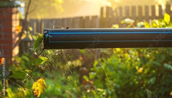Obraz Black pipe, spiderweb, garden scene
