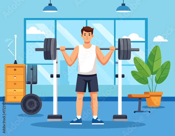 Fototapeta An illustration of a young man performing squats with a barbell at the gym, symbolizing strength training, fitness, and a healthy lifestyle.