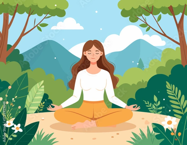 Fototapeta A peaceful illustration of a woman meditating in a lotus position in a forest or park, surrounded by trees and mountains, symbolizing mindfulness, tranquility, and a connection with nature.