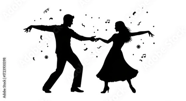 Fototapeta Silhouette illustration of dancing couple with festive elements adding a dynamic and celebratory atmosphere