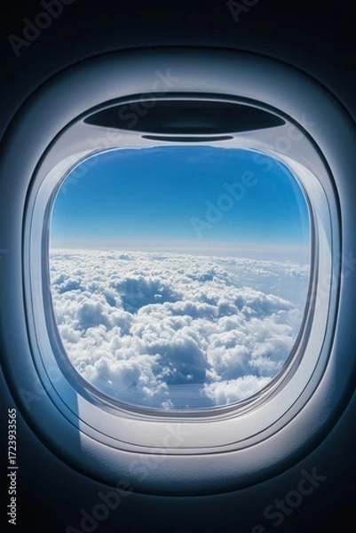 Fototapeta Airplane window view showcasing a stunning landscape of fluffy white clouds under a bright blue sky, capturing the essence of travel and adventure in the skies