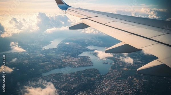 Fototapeta Aerial view from an airplane wing showcasing a scenic landscape with lakes, rivers, and clouds, highlighting the beauty of nature from above during a flight journey