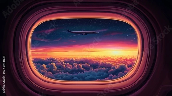 Fototapeta Airplane flying above colorful clouds at sunset, viewed through an airplane window, showcasing vibrant hues of orange, pink, and purple in the sky, creating a serene travel atmosphere