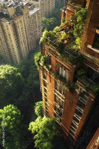 Fototapeta Urban building covered in greenery, showcasing nature reclaiming space, with sunlight filtering through trees, highlighting the contrast between architecture and lush vegetation