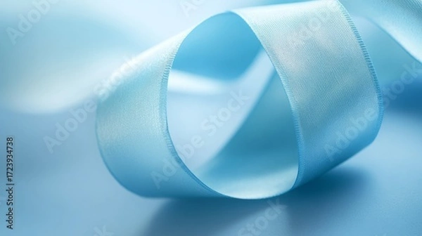 Fototapeta Soft blue satin ribbon elegantly curled on a smooth pastel background, showcasing its delicate texture and sheen, perfect for decorative or craft purposes