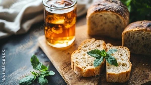 Fototapeta Freshly baked bread slices arranged on a wooden board, accompanied by a glass of iced tea and garnished with mint leaves, creating a cozy culinary atmosphere
