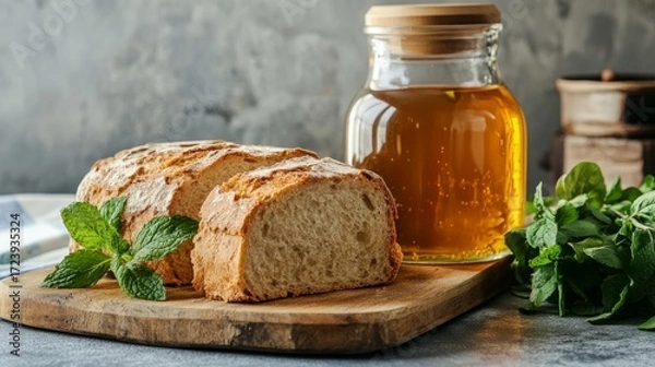 Fototapeta Freshly baked bread slices on a wooden cutting board with a jar of honey and mint leaves, creating a warm and inviting culinary atmosphere for food enthusiasts