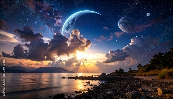 Obraz Cosmic sunset over a tranquil beach