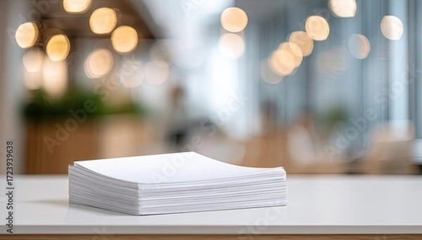 Fototapeta Stack of blank white papers on a table, blurred background