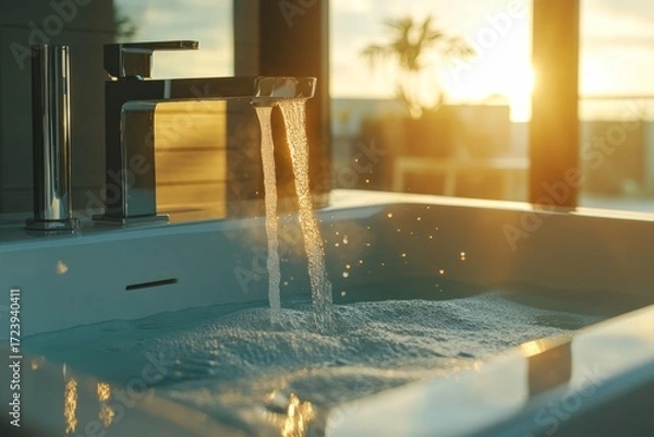 Fototapeta Modern bathroom faucet pouring water into a luxurious bathtub, with sunlight streaming through large windows, creating a serene and tranquil atmosphere for relaxation and self-care
