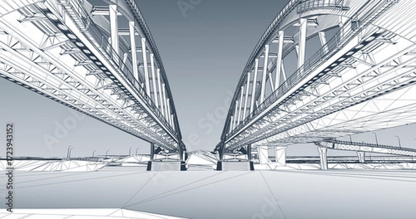 Fototapeta Wireframe rendering of an arched bridges structure over a river – 3D infrastructure model
