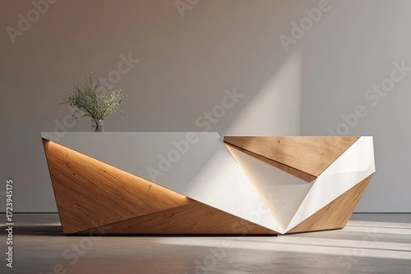 Fototapeta Modern reception desk in light wood and white