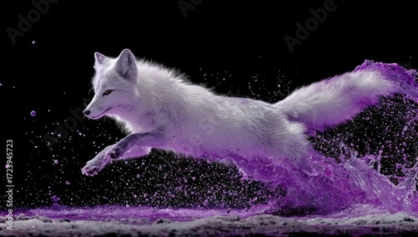 Fototapeta Arctic fox in mid-air, purple splash