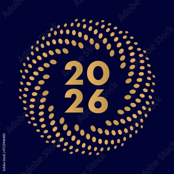 Fototapeta Inscription 2026 in festive golden dynamic frame made of confetti dots isolated on dark blue background. Square banner Happy new year. Vector EPS10