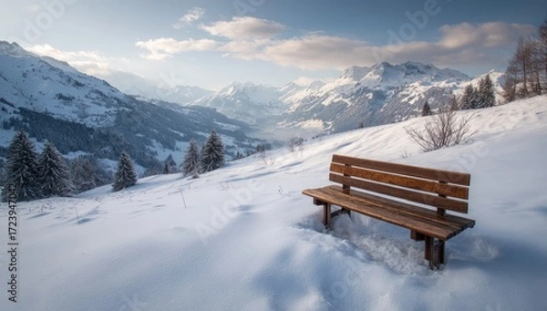Fototapeta Snowy mountain vista with wooden bench (2)