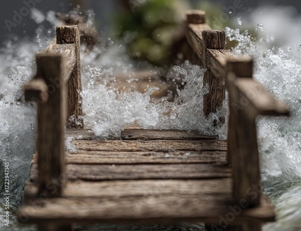Fototapeta Miniature wooden bridge battered by waves (1)