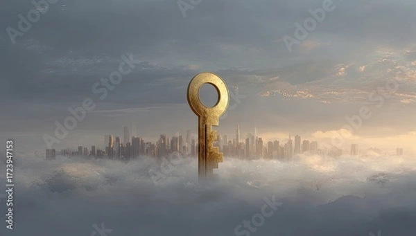Obraz Golden key above a city in clouds