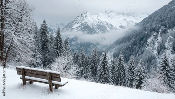Fototapeta Snowy mountain vista with wooden bench (3)
