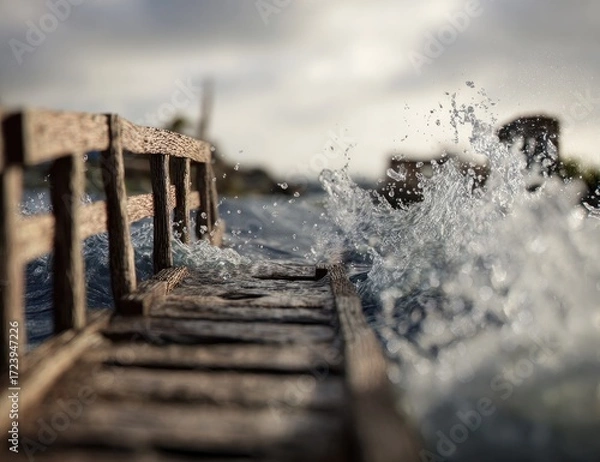 Fototapeta Wooden walkway battered by waves