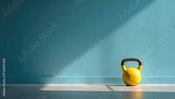 Fototapeta A single yellow kettlebell rests on a light gray floor in front of a teal wall, bathed in sunlight