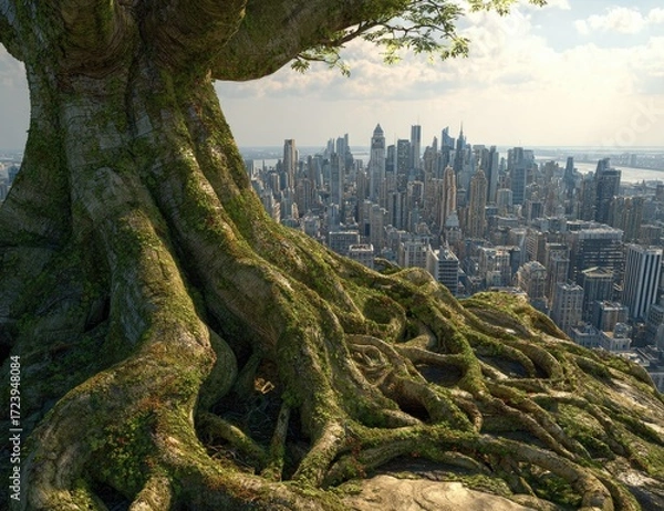 Obraz Giant tree roots with moss, overlooking a city skyline