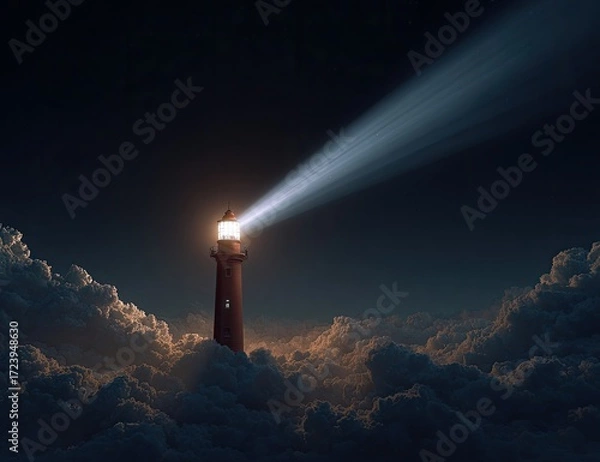 Obraz Lighthouse beacon in the night sky above clouds