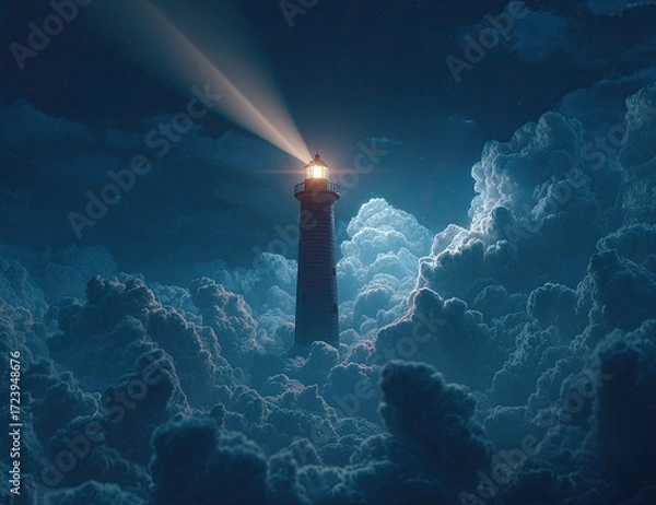 Obraz Lighthouse piercing through clouds at night