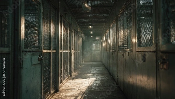 Obraz A long, dimly lit corridor with metal cages