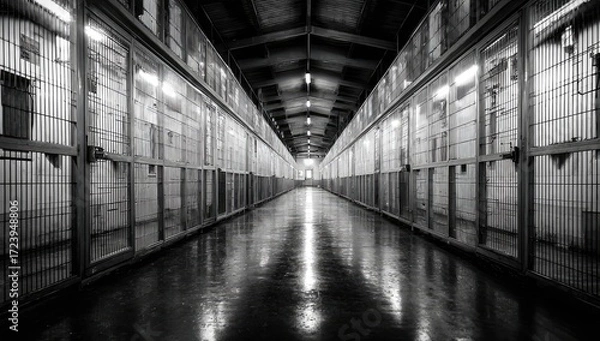 Obraz Long corridor with metal cages