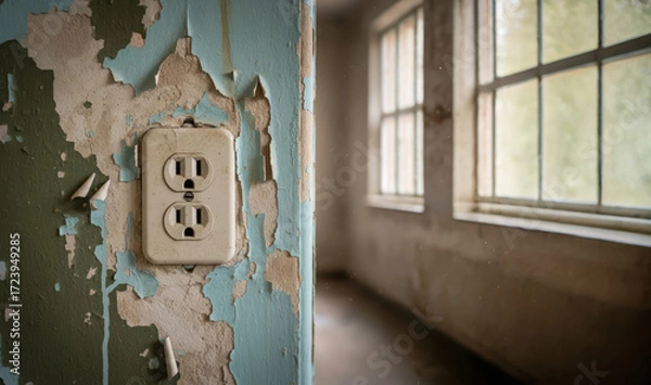Fototapeta Close-up of an old, peeling electrical outlet on a wall with flaking paint, set against the blurred background of an abandoned room's window, symbolizing desolation and decay