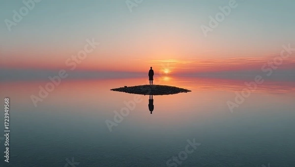 Obraz Silhouette figure on a small island at sunrise