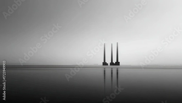 Obraz Silhouette of three tall structures reflected in a calm gray water
