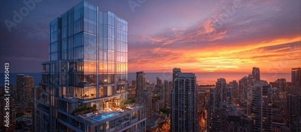 Obraz High-rise building with sunset cityscape