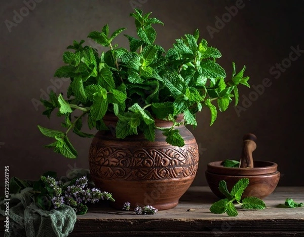 Obraz Fresh mint sprigs in a rustic pot