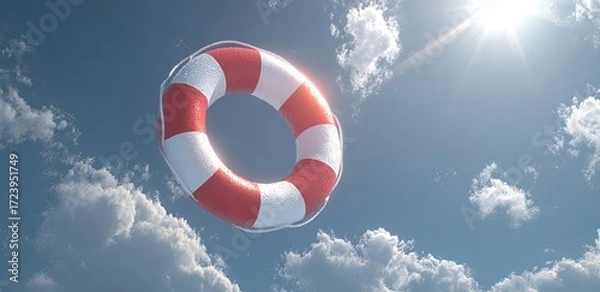Fototapeta A life preserver floats in a vibrant blue sky dotted with fluffy white clouds, bathed in sunlight