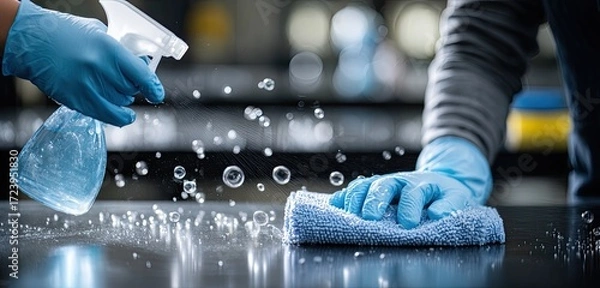 Obraz Cleaning a surface with spray and cloth