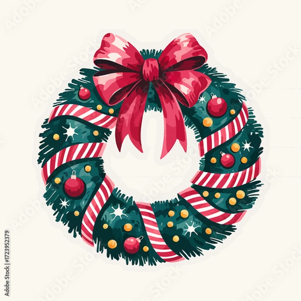 Fototapeta Vector art of festive christmas wreath with a red bow, red ornaments, and green pine branches, decorated with red and white striped ribbon, isolated on a light background