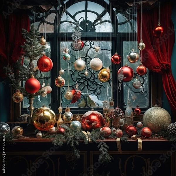 Fototapeta close up square image of indoor Christmas decorations, shiny red and golden balls a fir twigs