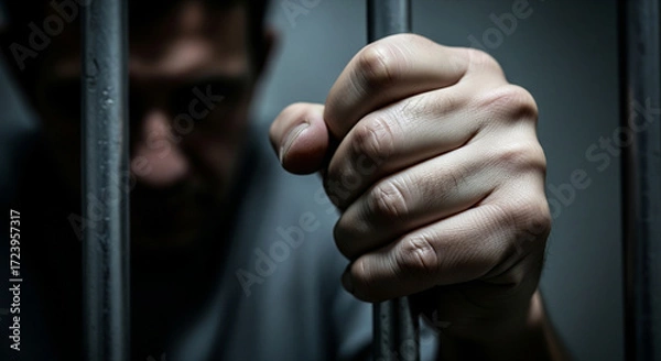 Obraz Close-up of prisoner gripping metal bars with tense hand. Shallow focus highlights confinement, restriction, and justice system symbolism in dramatic scene