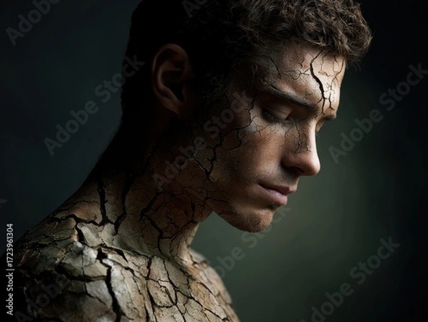 Fototapeta Close-up portrait of a man with skin covered in dry, cracked earth. Drought, dehydration, or environmental crisis concept.
