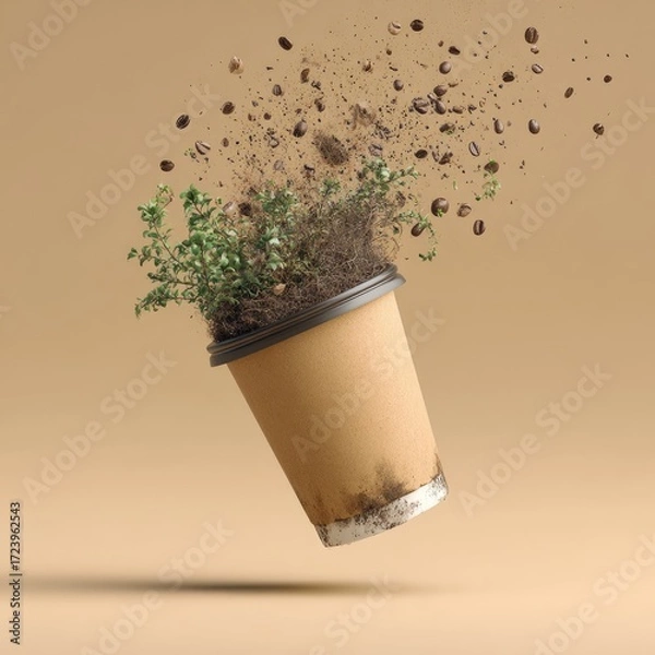 Fototapeta A disposable coffee cup, appearing used and dirty, with coffee grounds and plant sprouts erupting from it