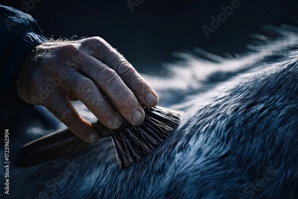 Fototapeta Close-up of a hand brushing a horse