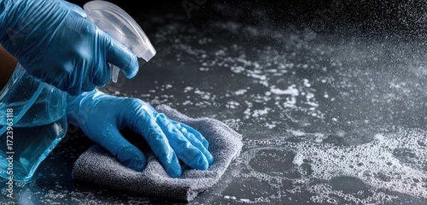 Fototapeta Hands in blue gloves cleaning a surface with a gray cloth and a spray bottle