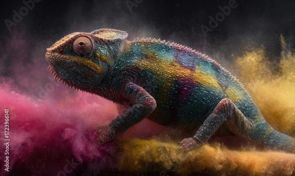 Fototapeta Colorful chameleon in a cloud of vibrant powder