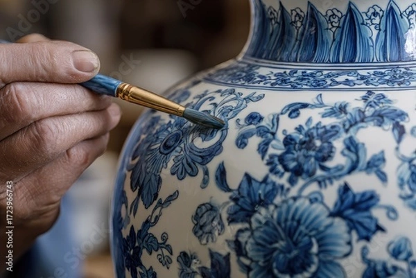 Fototapeta Expert hands meticulously paint intricate details onto a porcelain vase
